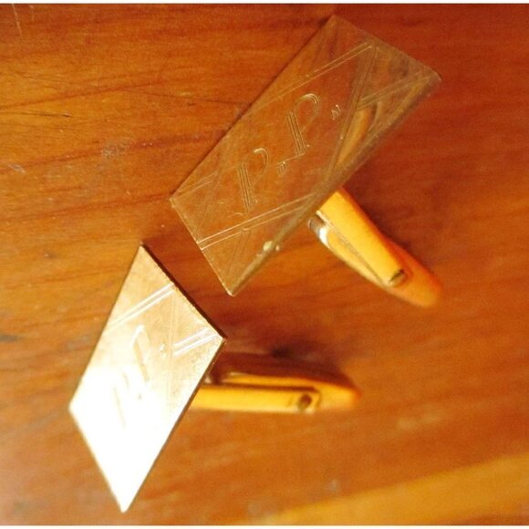 Vintage MCM Cufflinks Set ENGRAVED MONOGRAM  "P.P." initials MID CENTURY - Picture 3 of 4